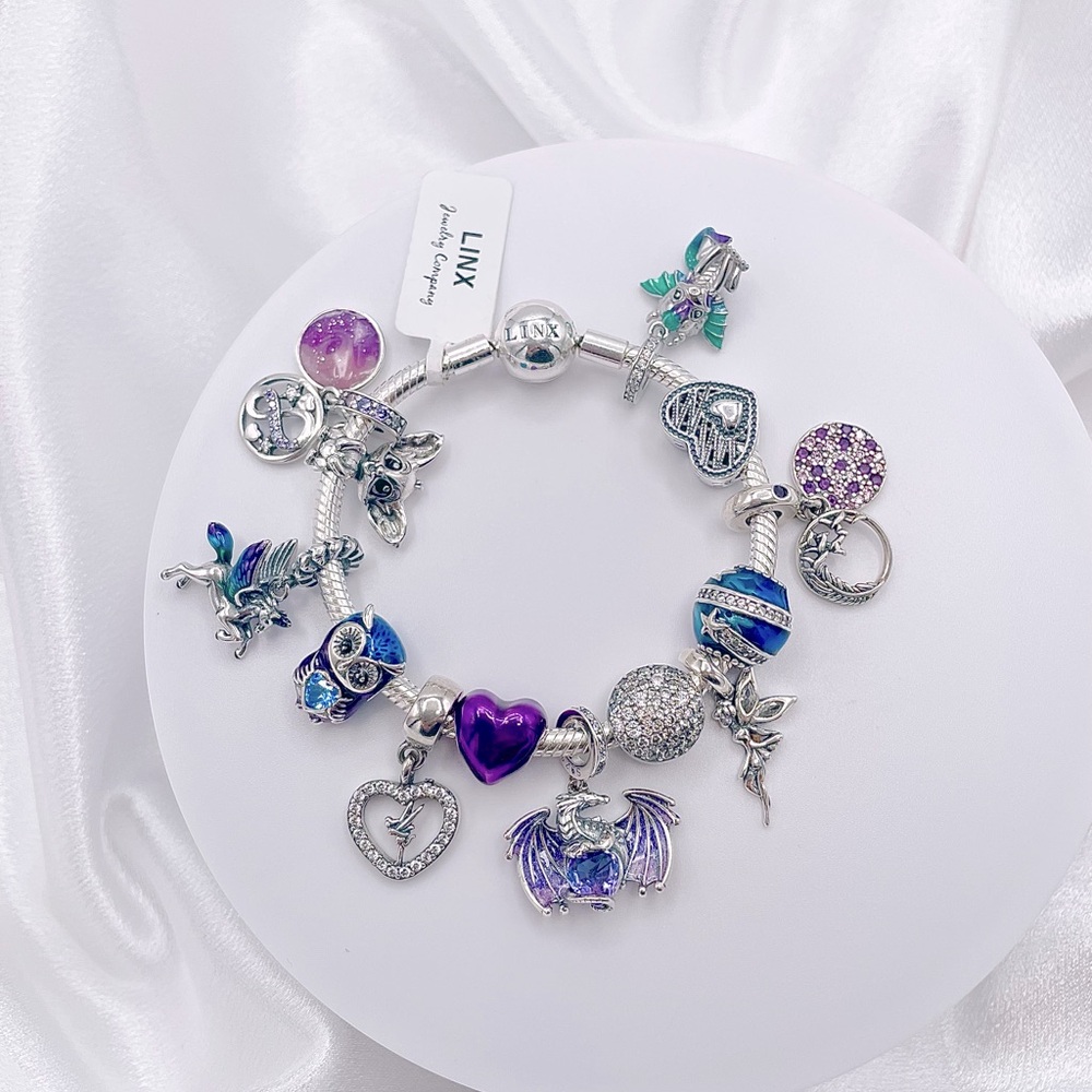 Linx Snake Chain Bracelet with Whimsical Themed Charms Dragon Fairy Unicorn